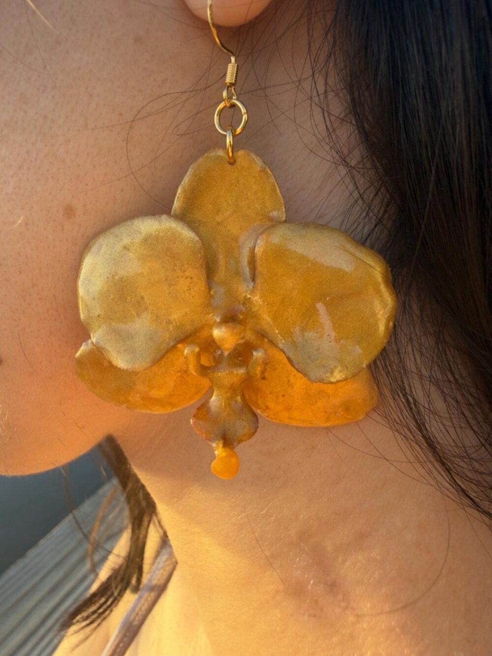 Real Orchid Resin Earrings | Gold Flake Dangle Drop | Preserved Flower - Picture 3 of 4